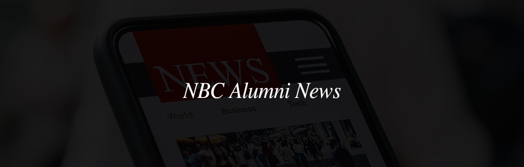 Alumni-News smartphone with news page opened with text overlay reading 'NBC Alumni News'