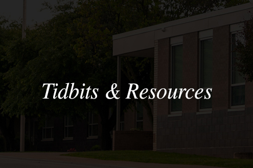school building with text overlay reading 'Tidbits & Resources'